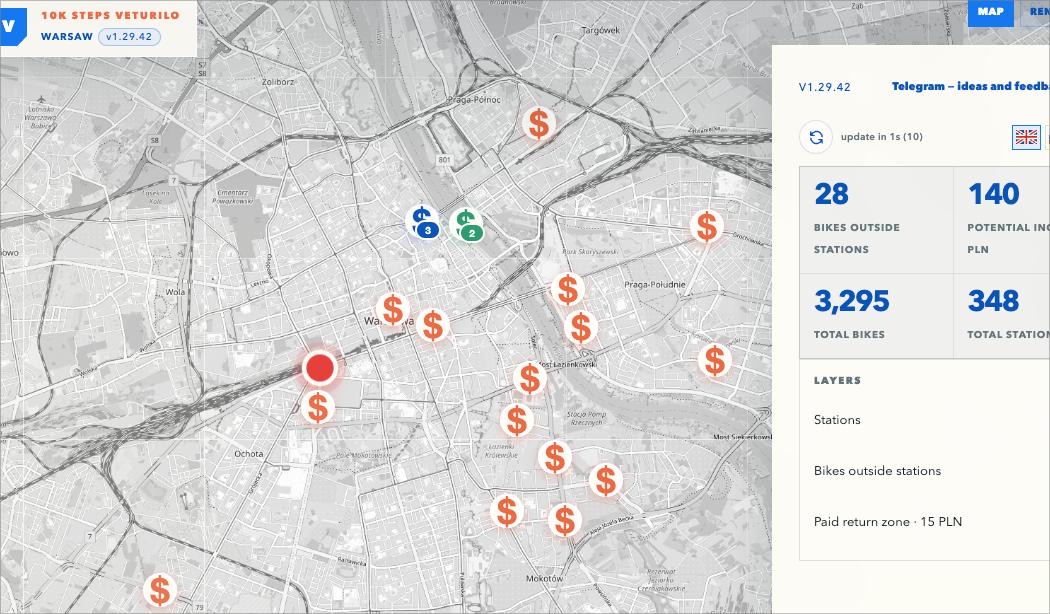 Veliki map showing bicycle station and mobility data across Warsaw