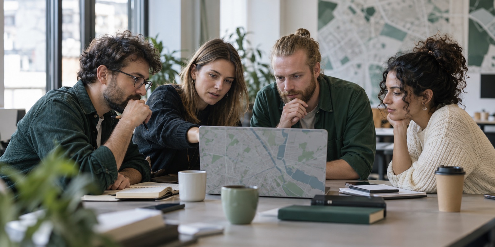Illustrative photo of adult students collaborating over an abstract Warsaw map